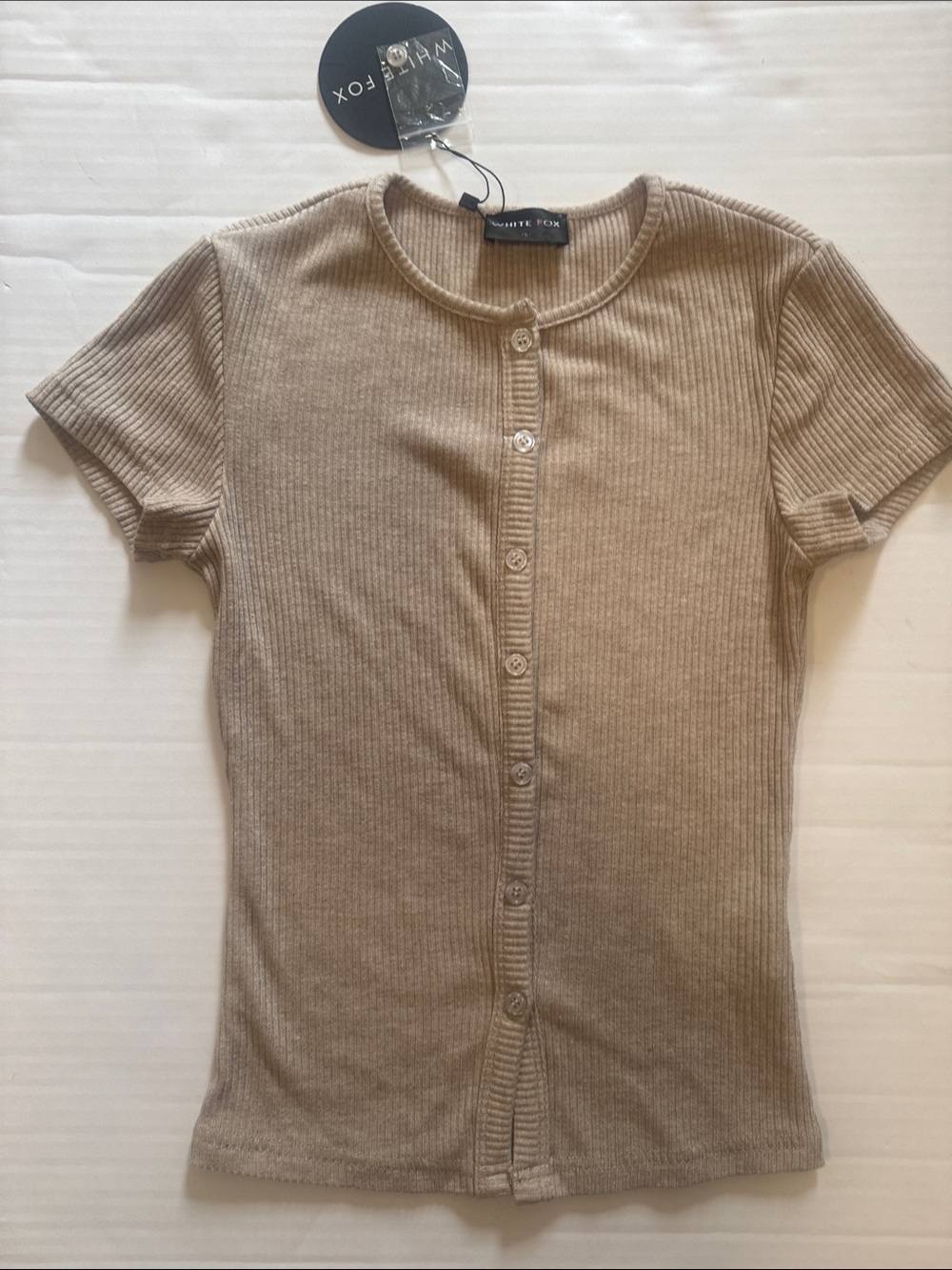 White Fox Boutique Ribbed Short Sleeve Button-Up Top - Taupe